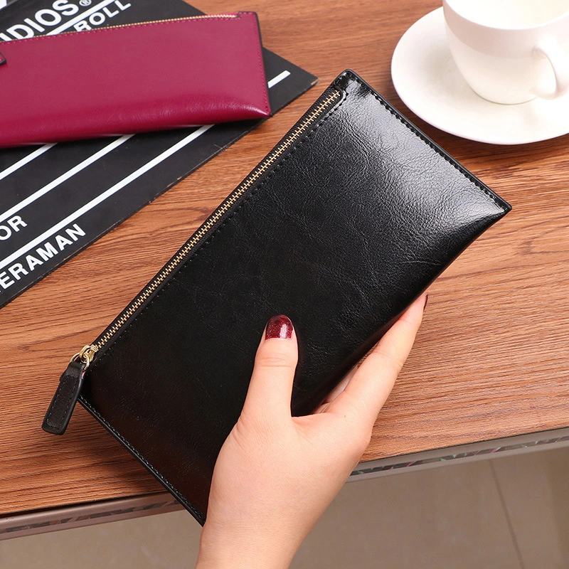 Slim Shaped Oil Wax Leather Purse for Lady Coin Holder Credit Card Women Wallet with Zipper