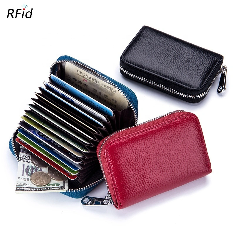 RFID Blocking Genuine Leather Credit Card Wallet, Zipper Card Case Holder for Men Women