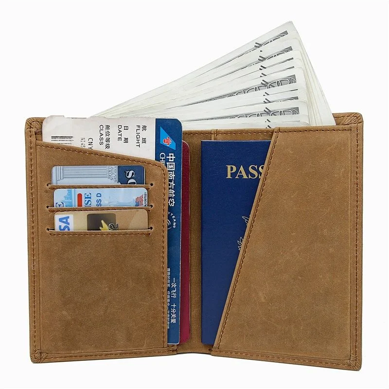Crazy Horse Leather Light Credit Card Holder Mens Passport Wallet