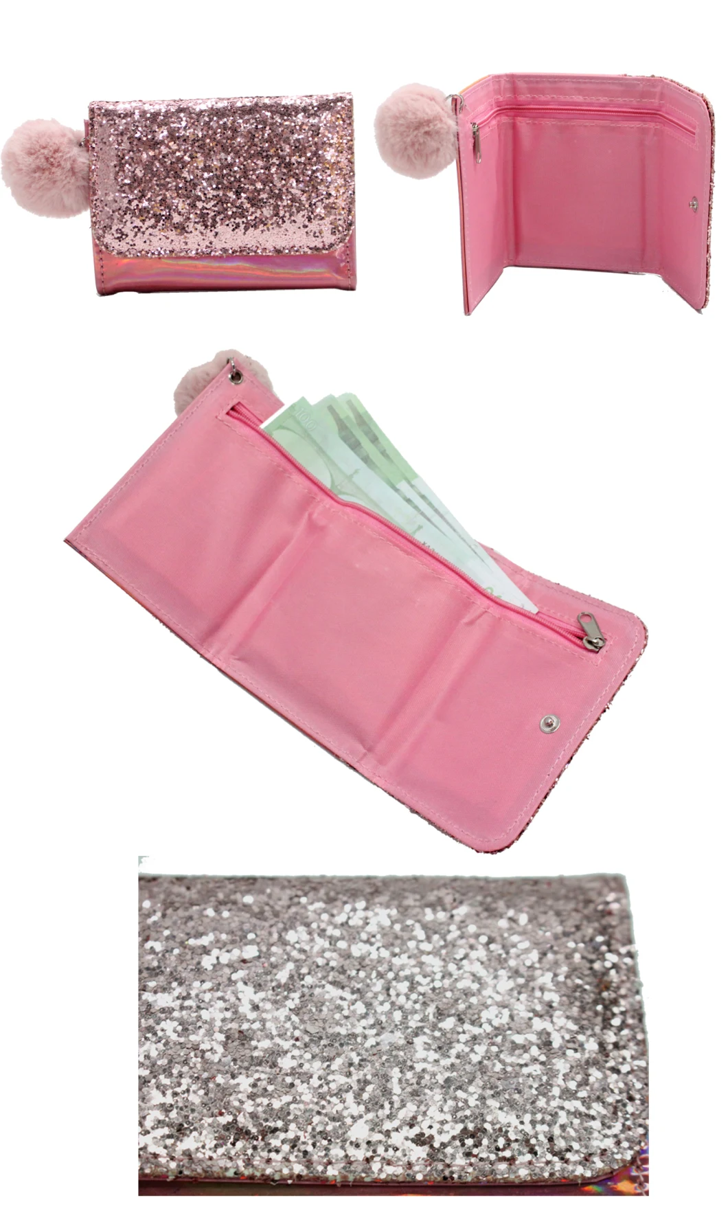 Glitter Pink Ladies Wallet Leather Card Case Credit Card Holder with POM