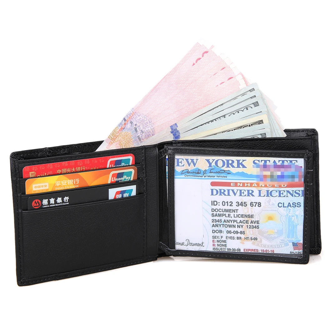 Hot Selling Genuine Cowhide Leather Black Wallet ID Card Holder