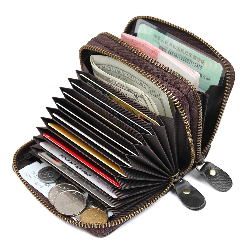 Black Cowhide Leather RFID Card Holder Money Wallet