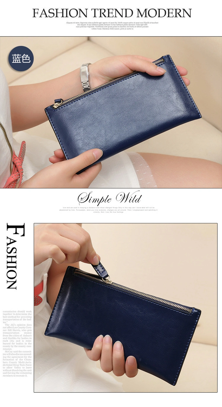 Slim Shaped Oil Wax Leather Purse for Lady Coin Holder Credit Card Women Wallet with Zipper