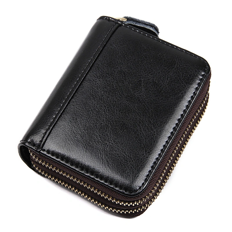 Black Cowhide Leather RFID Card Holder Money Wallet