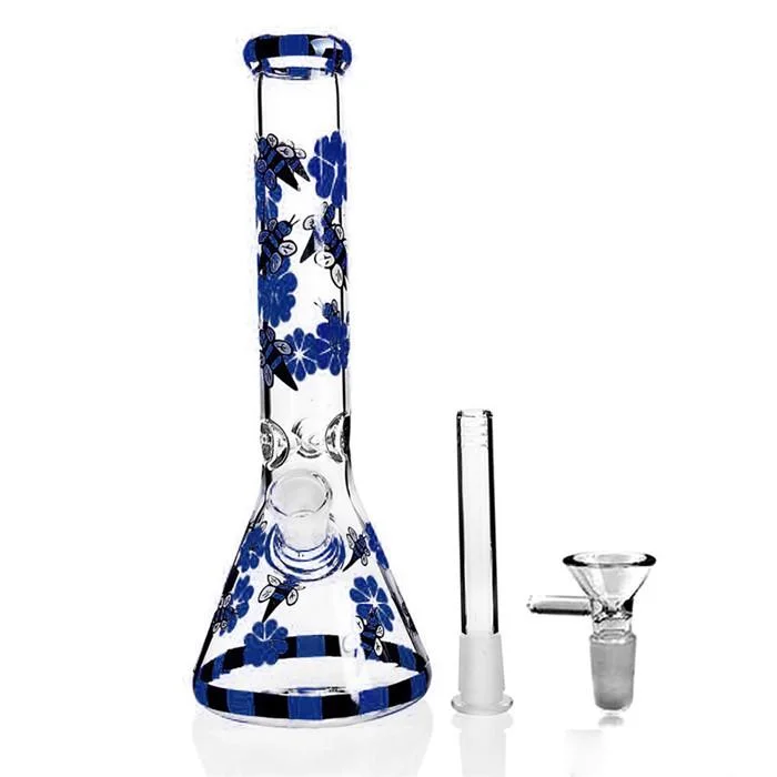 22cm Colorful Bee Tall Glass Water Pipes Downstem Perc Bubbler Chicha Hookahs DAB Rigs 14mm Bowl