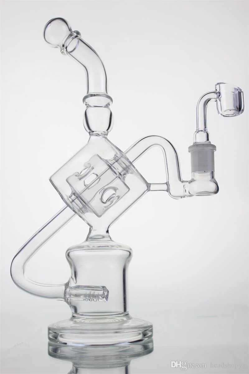 Double Square Shape Recycler Perc 14mm Joint Very Thick Glass Water Pipes Hookah DAB Rigs