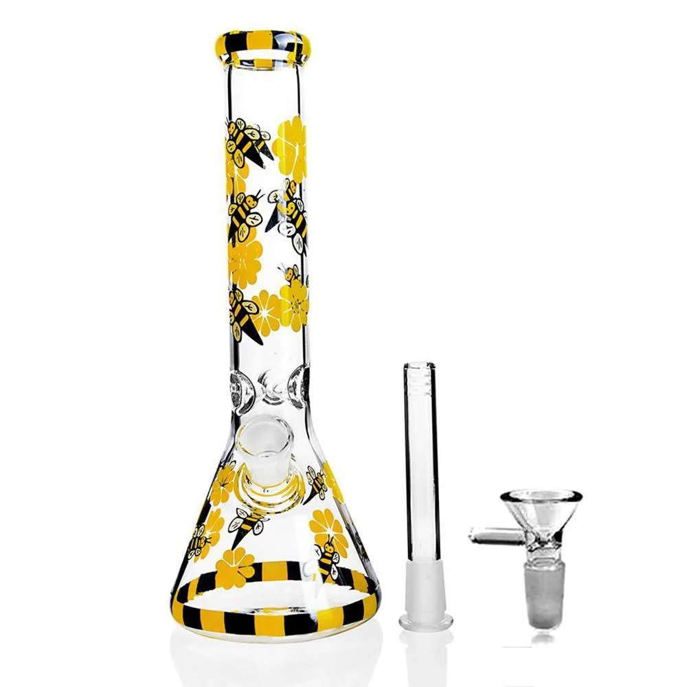 22cm Colorful Bee Tall Glass Water Pipes Downstem Perc Bubbler Chicha Hookahs DAB Rigs 14mm Bowl