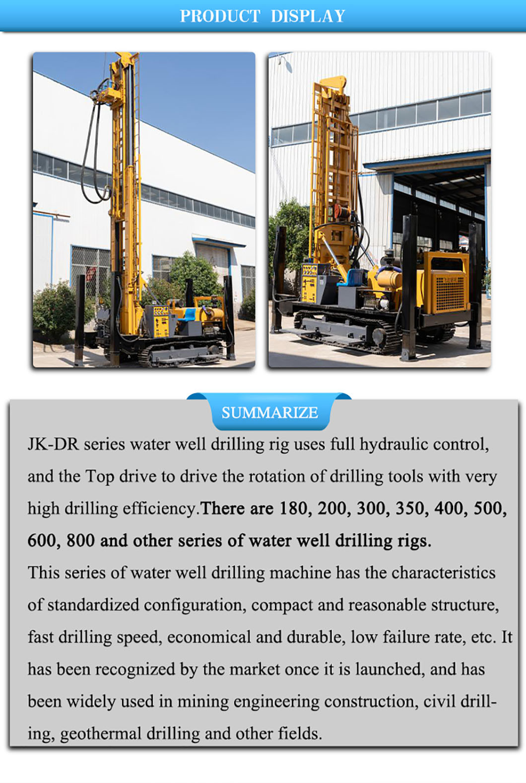 Hydraulic Machine Water Well Drill Rig for Drilling Equipments