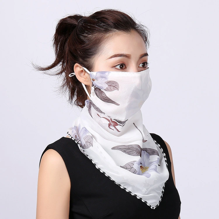 Protective Reusable Women Earloop Chiffon Cycling Scarf Veil Neck Cover Floral Print Face Scarf