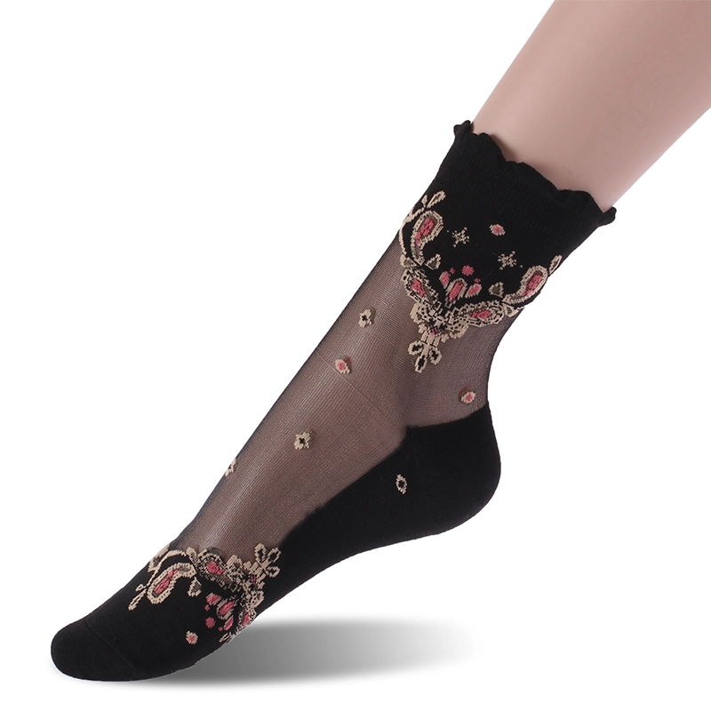 Women Fashion Fancy Style Ankle Socks 100% Silk Nylon Crystal Fashion Lace Transparent Happy Socks Women