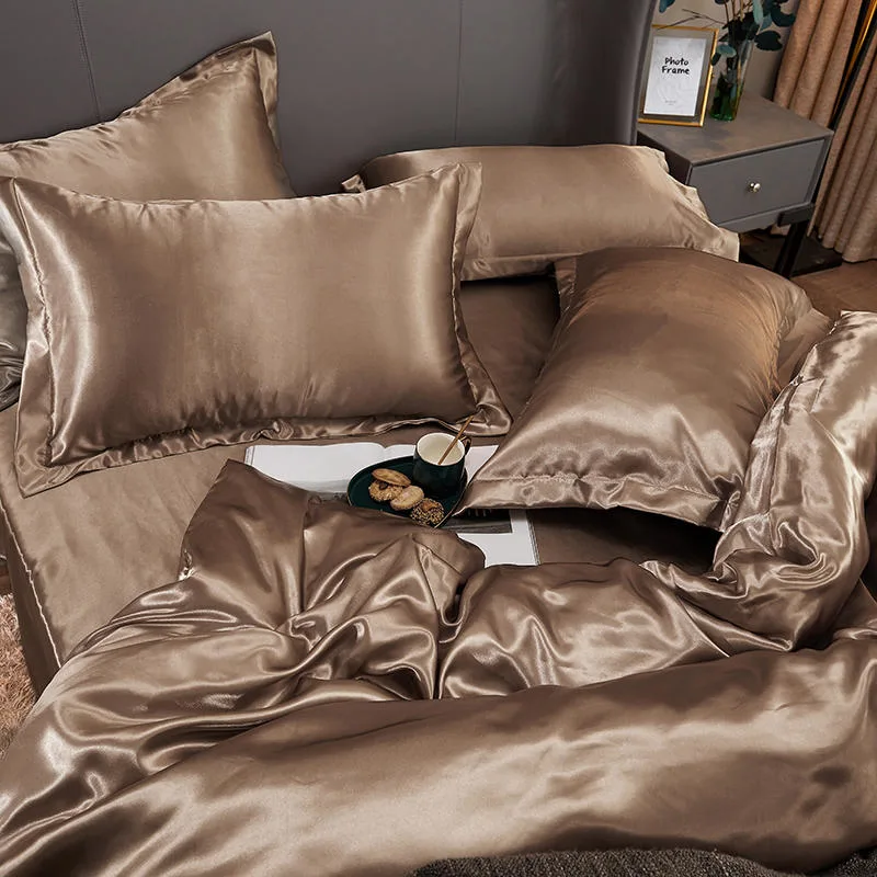 Champagne Color Silk Polyester Sheets 4PCS Duvet Comforter Cover Fitted Sheet Pillowcases Bedding Set