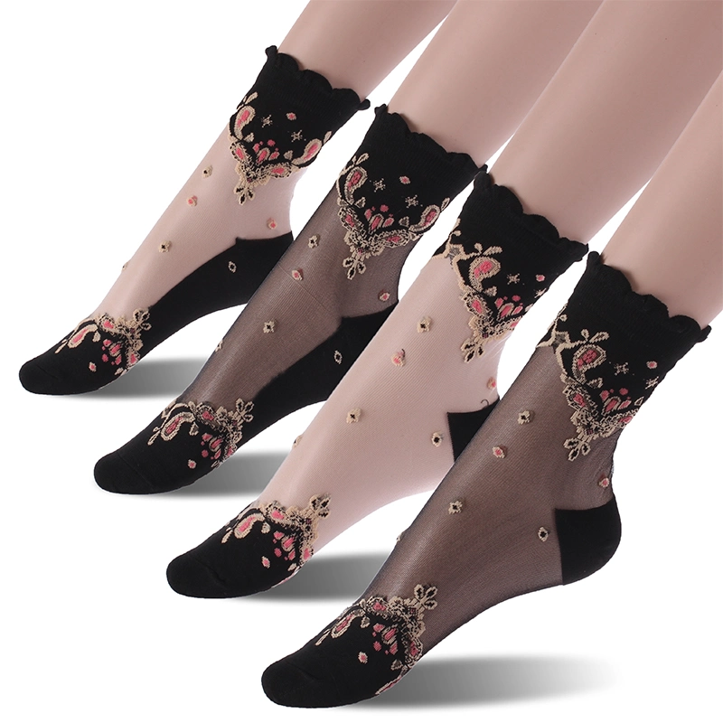 Women Fashion Fancy Style Ankle Socks 100% Silk Nylon Crystal Fashion Lace Transparent Happy Socks Women