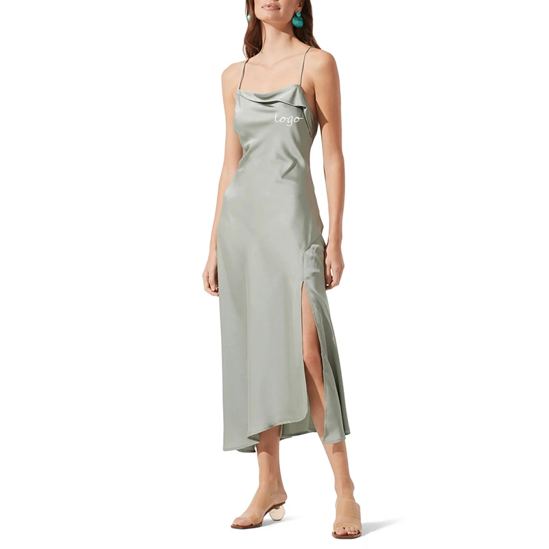 OEM ODM Custom Green Slip MIDI Elegant Women Clothing Silk Women Clothing Dress