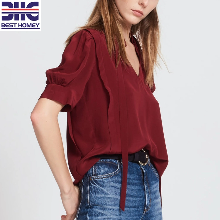 Silk Tops V Neck Ladies Fashion Blouses for Womens with Tie Collar