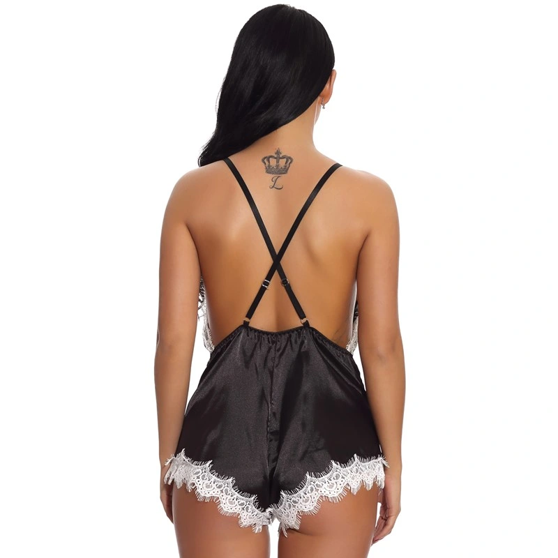 Womens Deep V Lace Edge Silk Satin Sexy Lingerie Bodysuit