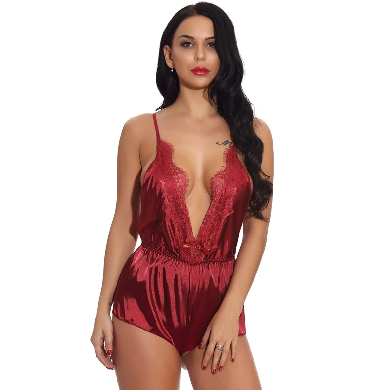 Womens Deep V Lace Edge One Piece Silk Satin Sexy Lingerie Bodysuit