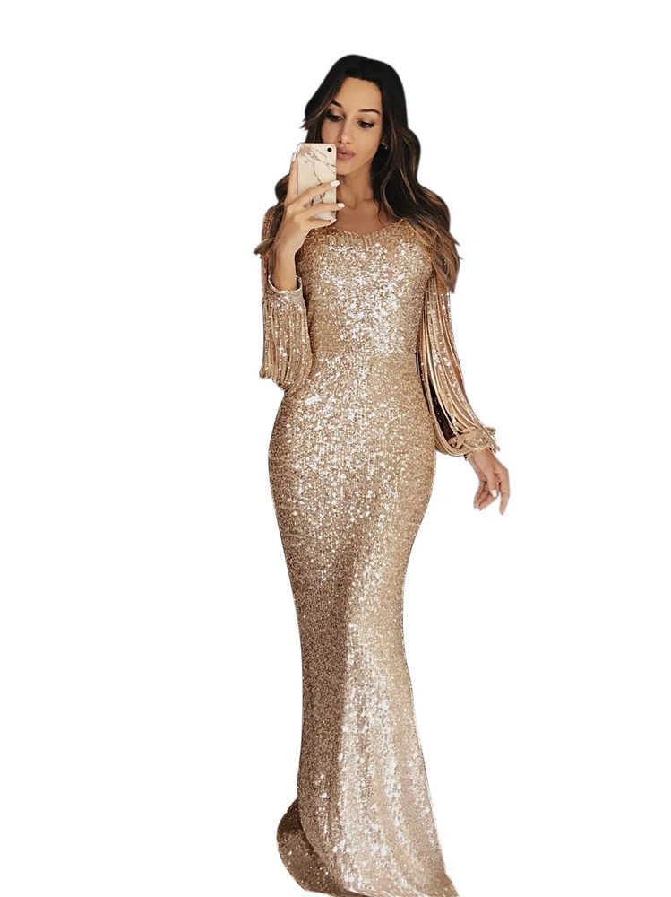 2021 Ladies Apricot Fringed Long Sleeve Party Dress Maxi Sequin Evening Dress Wedding Dress