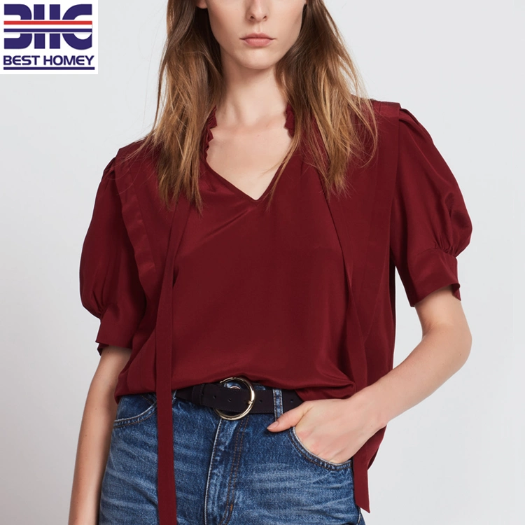 Silk Tops V Neck Ladies Fashion Blouses for Womens with Tie Collar