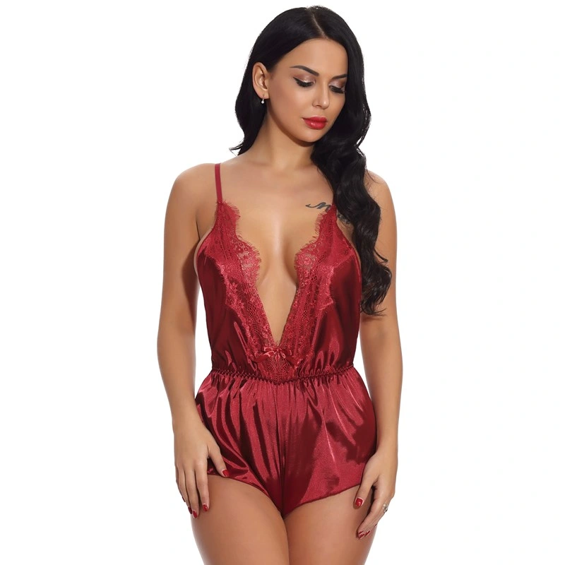 Womens Deep V Lace Edge One Piece Silk Satin Sexy Lingerie Bodysuit