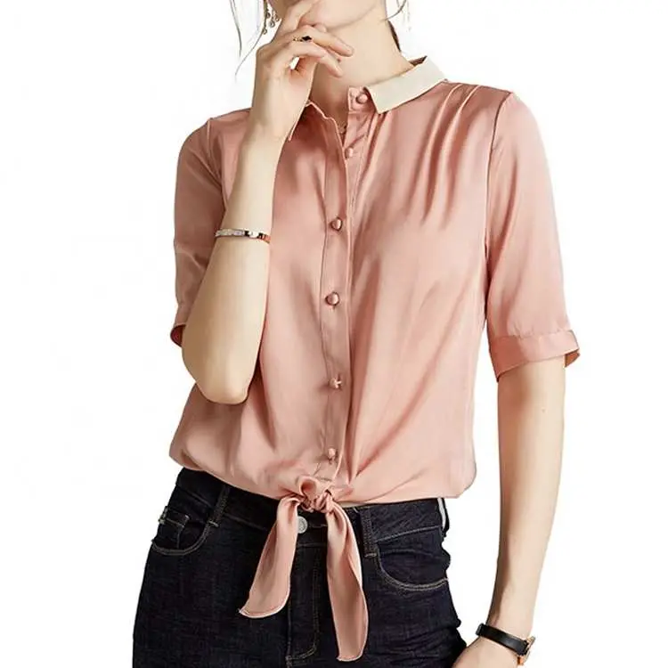 Clothing Manufacturer Silk Shirt Women Short Sleeve Blouse Buttons Blusas De Mujer for Summer Casual Wear