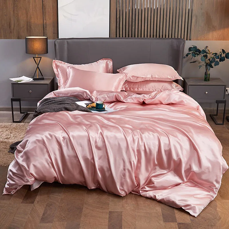 Paste Pink 6PCS Satin Silk Complete Bedding Set with Duvet Cover Fitted Sheet 4 Pillow Cases