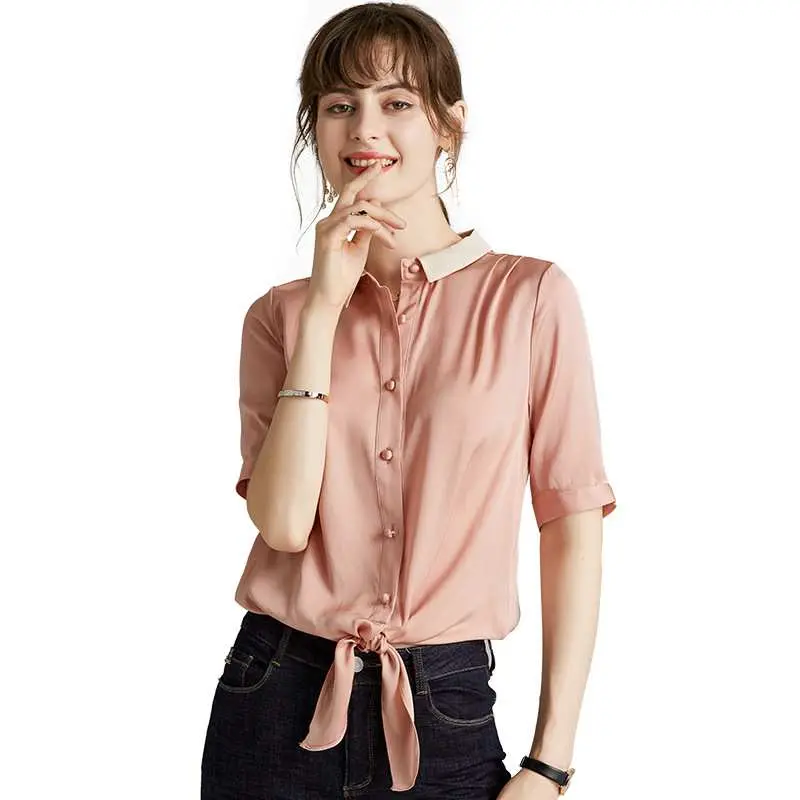 Clothing Manufacturer Silk Shirt Women Short Sleeve Blouse Buttons Blusas De Mujer for Summer Casual Wear