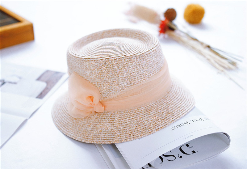 Straw Hat Small Brimmed Hat Silk Scarf Decorated French Hat for Lady