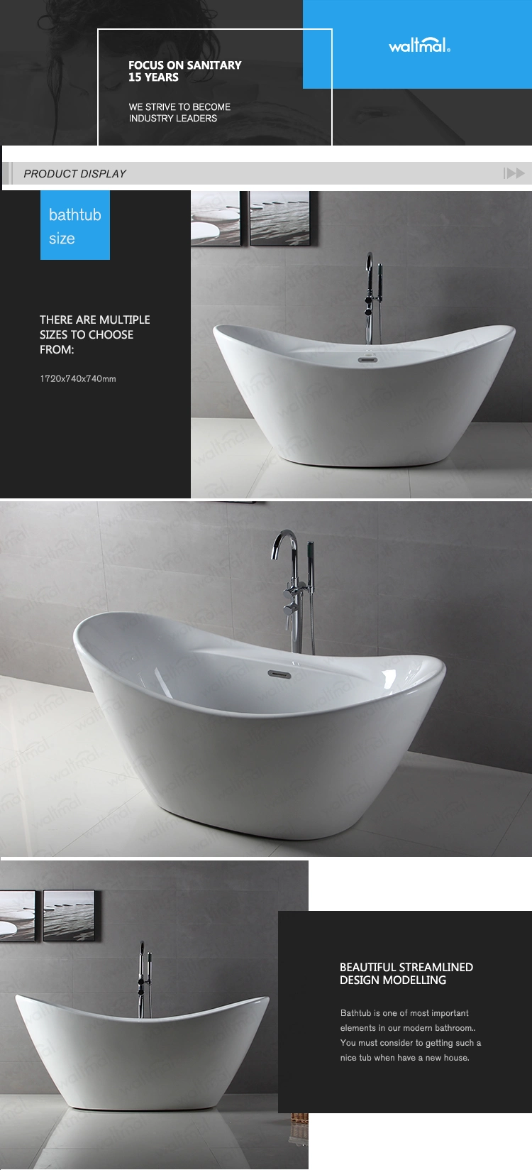 67 Inch Double Slipper Shape Acrylic Double Ended Freestanding Bath Tub