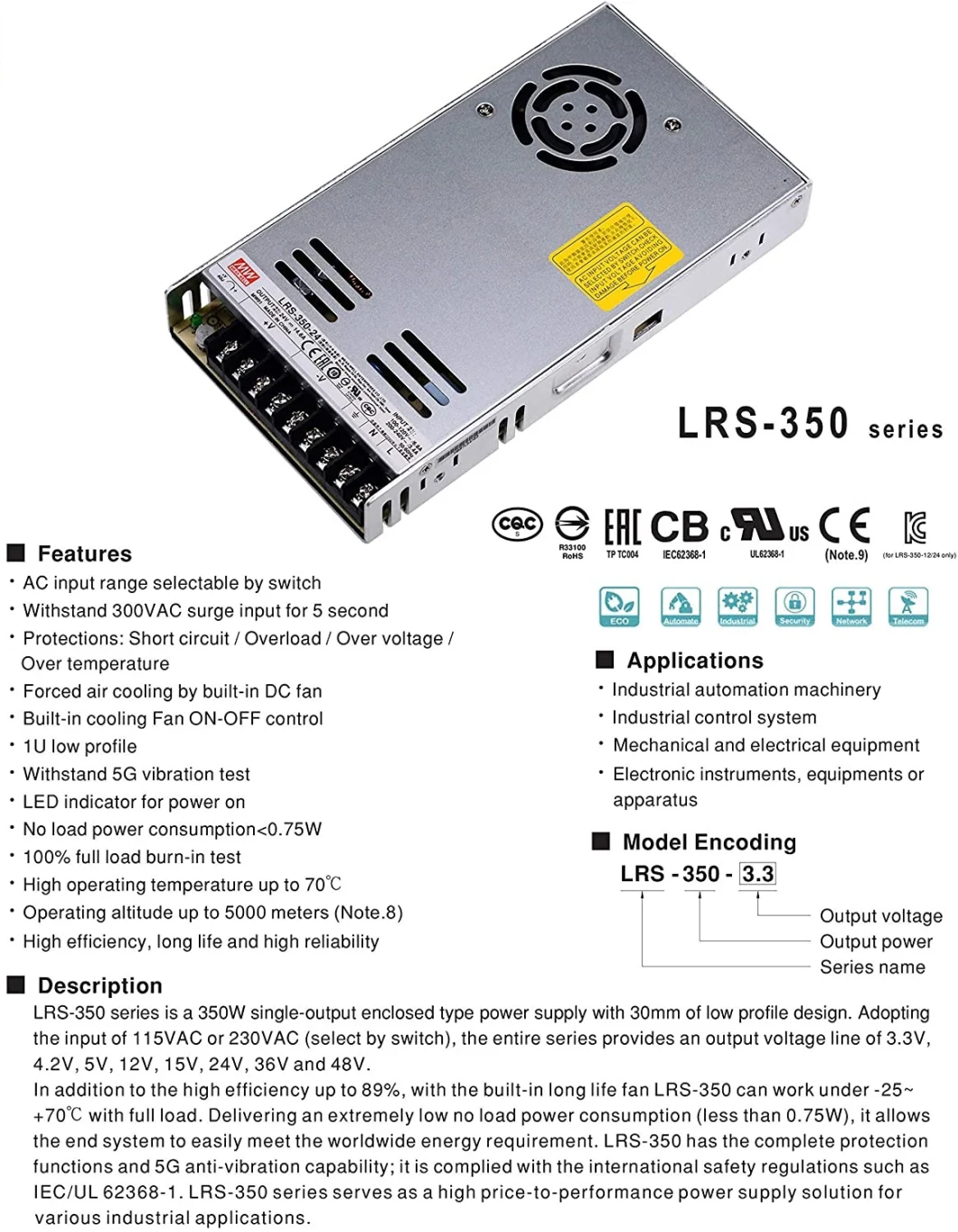 AC to DC Transformer 12V Power Supply Indoor Use Variable DC Power Supply 350W Meanwell