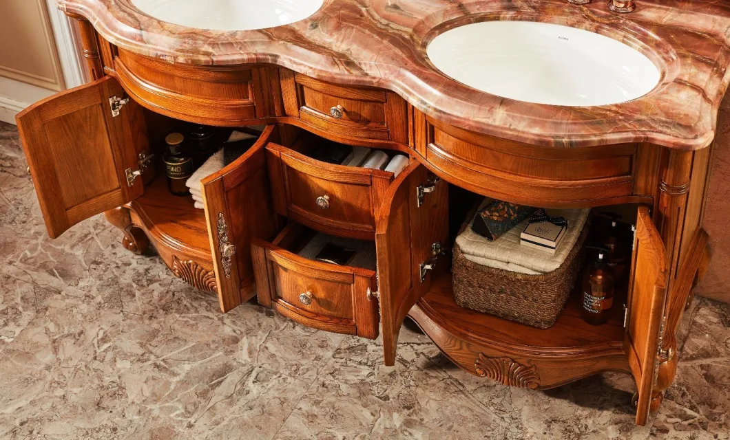 Woma Luxury Antique Solid Wood Double Basin Oak Bathroom Vanity Cabinet