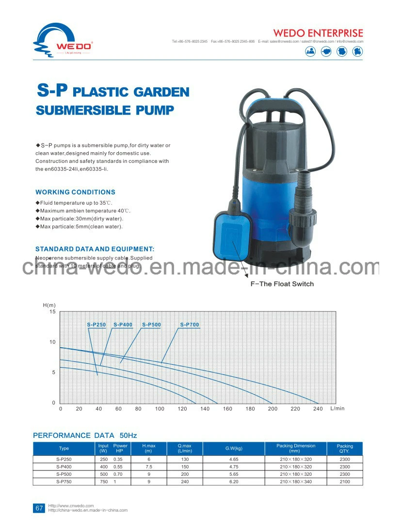 Qdx-P750 Submersible Clean Water Pump Plastic Pump Domestic Water Pump