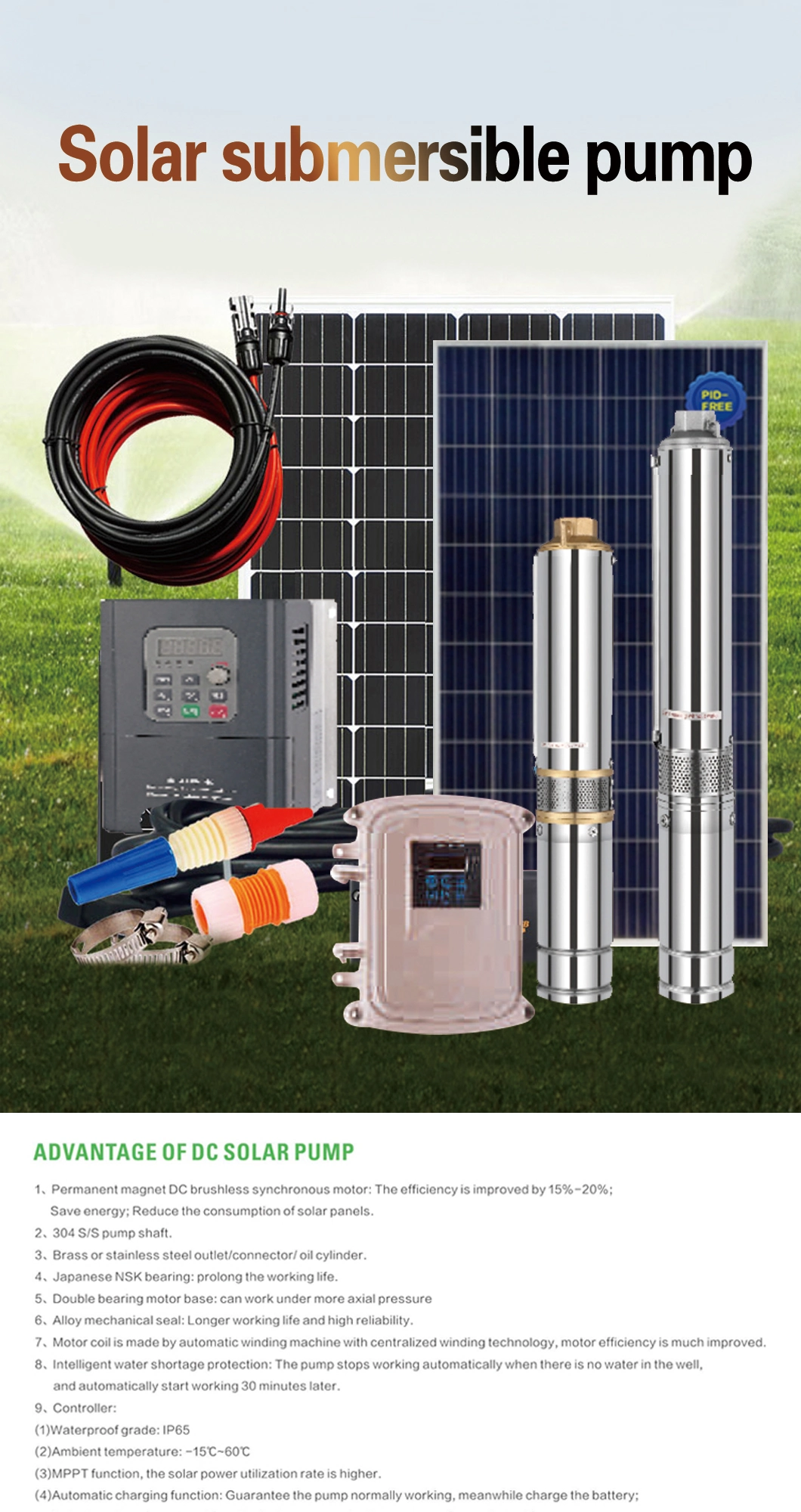 PV System Deep Well Watering Agriculture Irrigation 2 Inch 24V AC Solar Submersible Pump