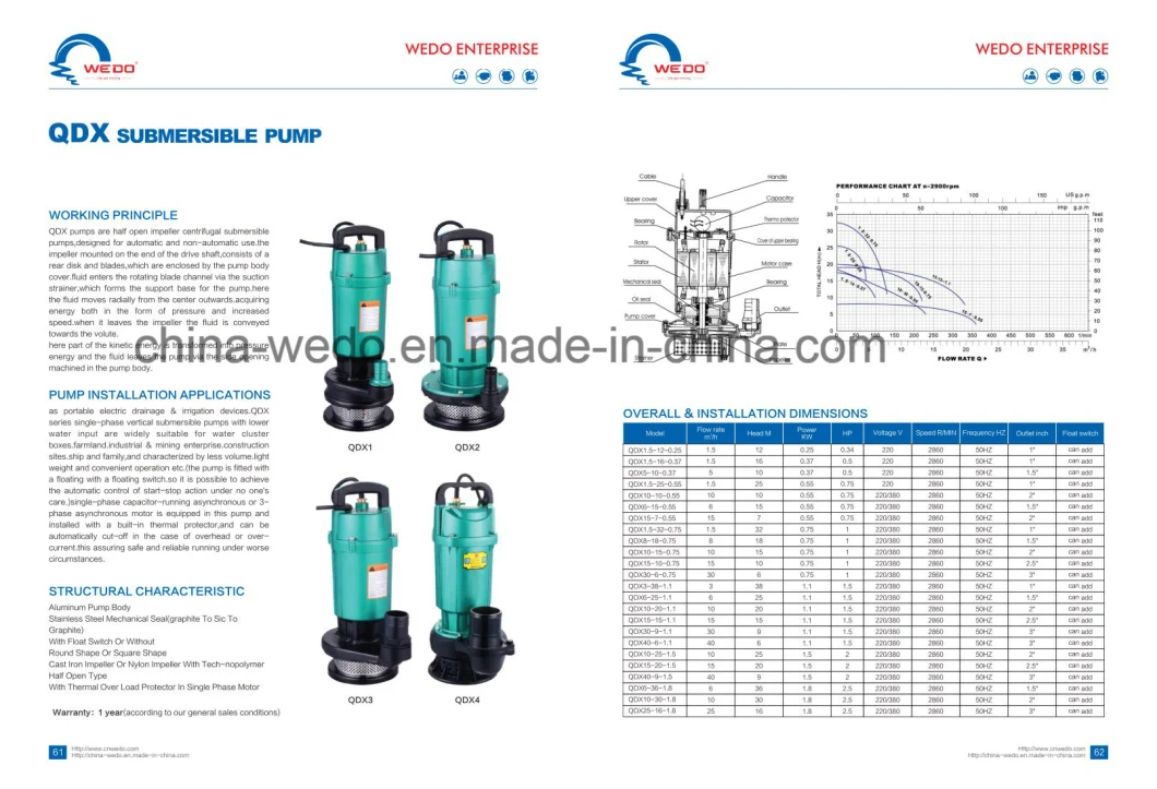 Qdx Electric Submersible Water Pump with Float Switch, (0.37kw, 0.55kw, 0.75kw, 1.1kw)