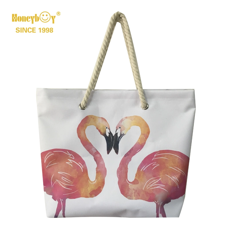 Custom Pattern Tote Beach Bag with Cotton Rope Coconut Tree Beach Bag