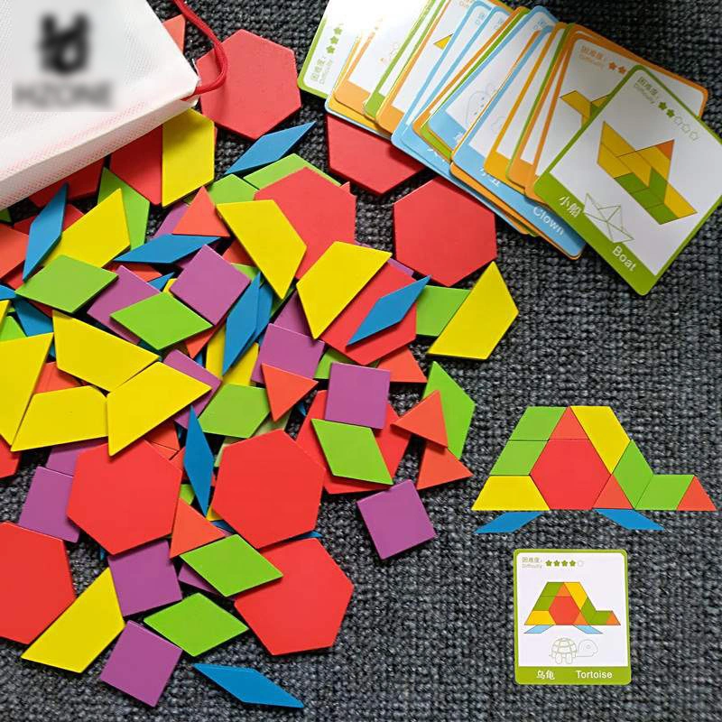 130 PCS Wooden Pattern Blocks Set Brain Teasers Geometric Graphical Early Educational Toys Montessori Wooden Blocks