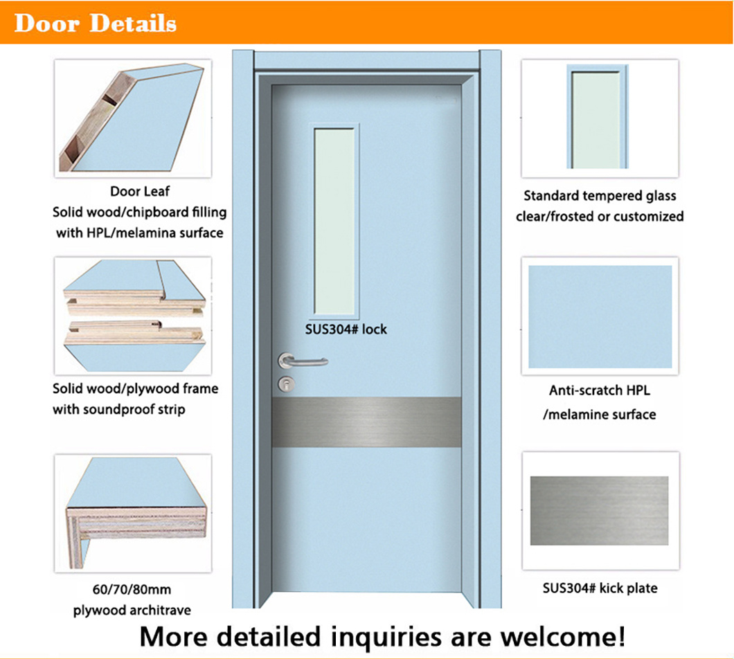 Hospital Purification HPL Door Luxury Melamine MDF Room Bullet Proof Security Entrance Glass Exterior Doors