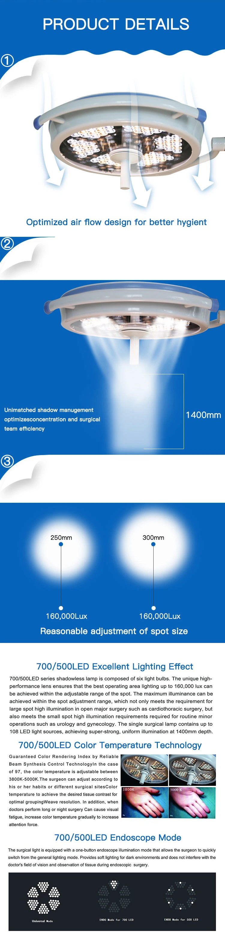 50000 Hours Surgery Room Equipment Adjust Color Temperature LED Operating Room Lamp (500 LED)