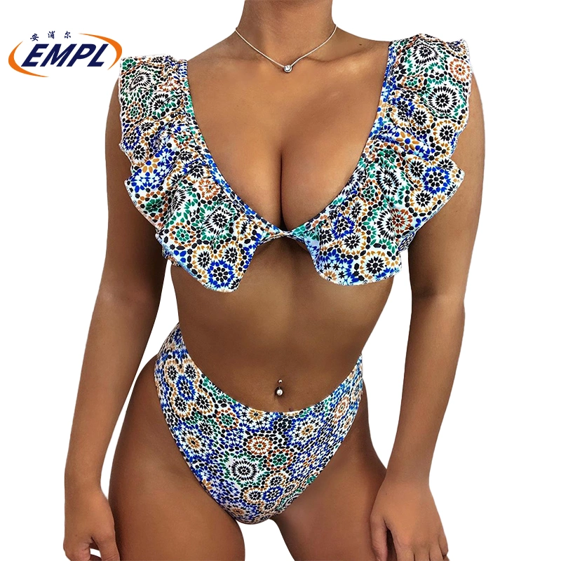 2021 Hot Sell   High Waist Falbala   Design   Bikini   for  Lady Swimsuit