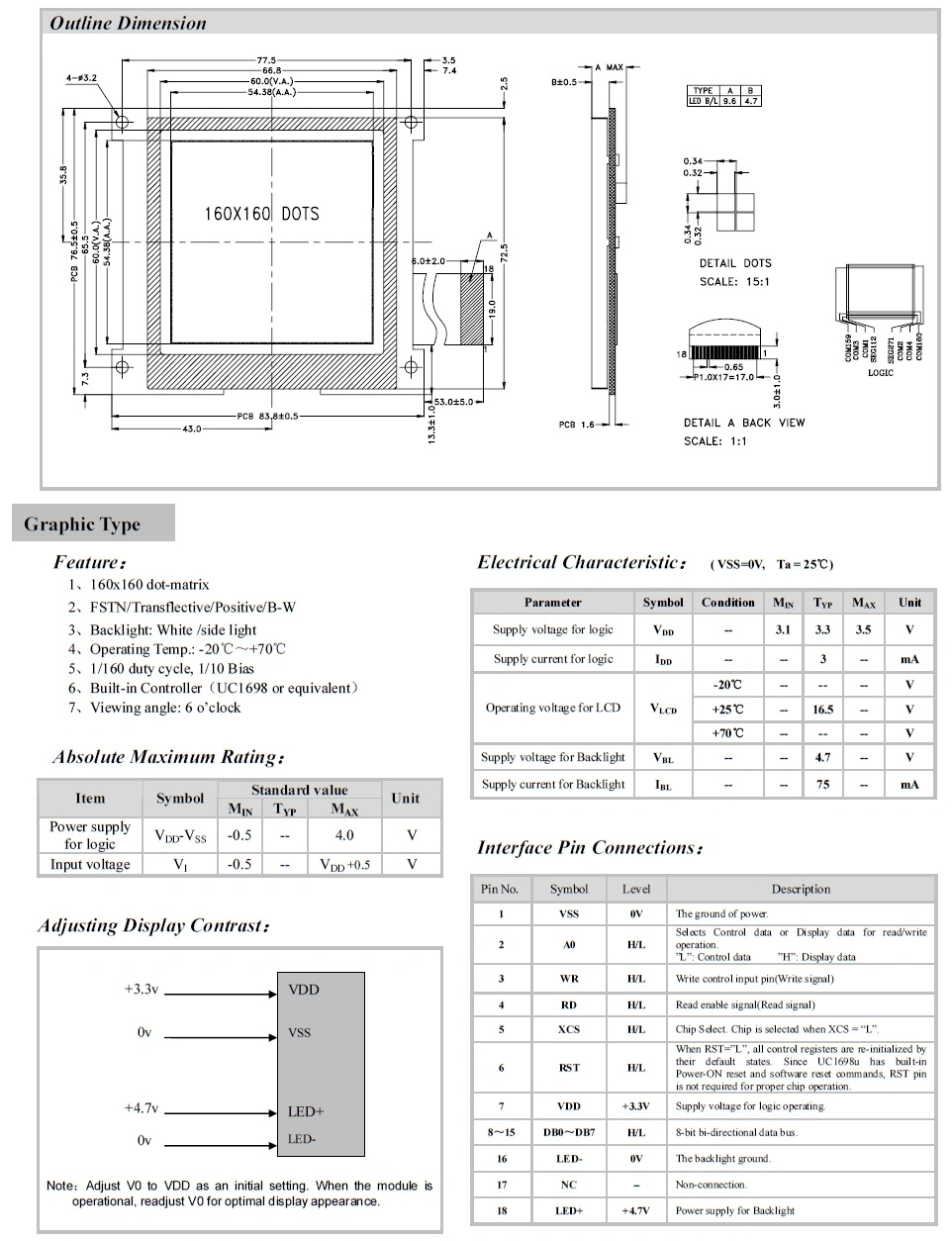 160 * 160 Square Graphic LCD Panel, MCU 8bit, 18pin Header, COB LCD Module