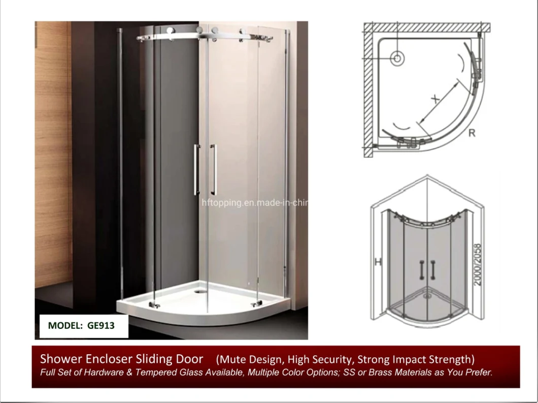 GE913 Shower Glass Enclosure Sliding Door Quadrant Mute Design Tempered Glass Customized Shower Glass Enclosure Available