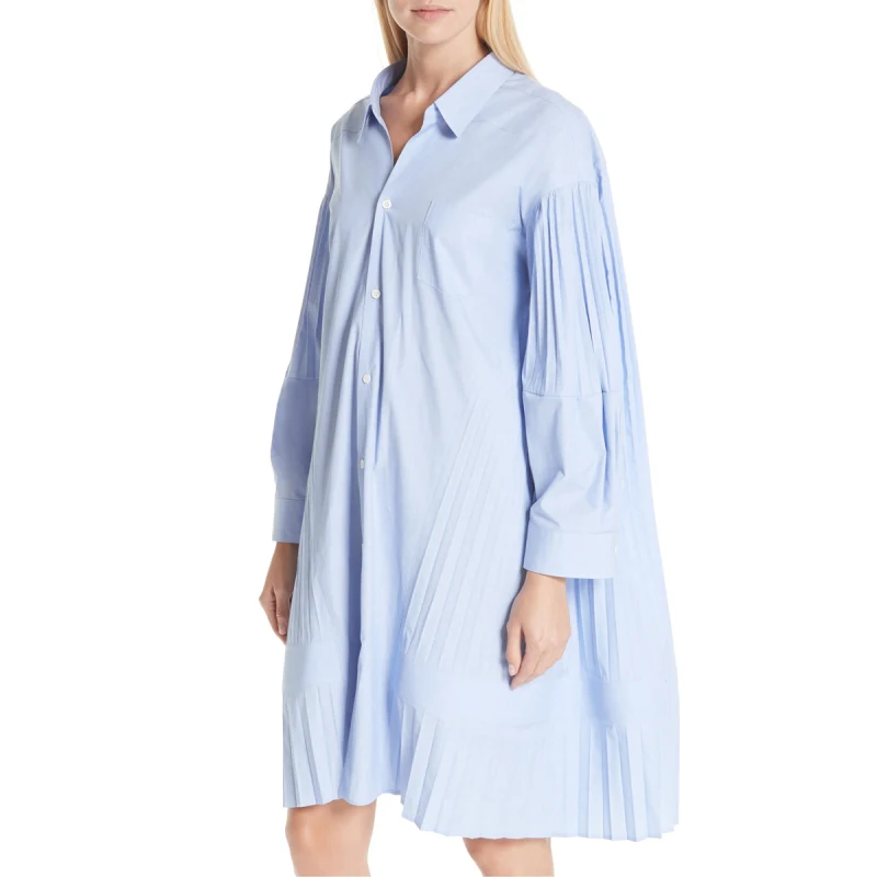 Oversized Women Pleated Plus Size Shirt Dress Blue