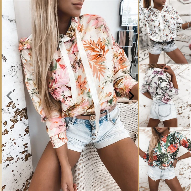 Best-Selling Wholesale Price New Flower Print Hooded Small Sweater Blouse