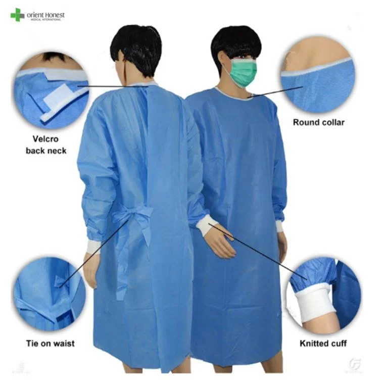 Disposable PP Non-Woven Blue Isolation Gown with Knitted or Elastic Cuffs