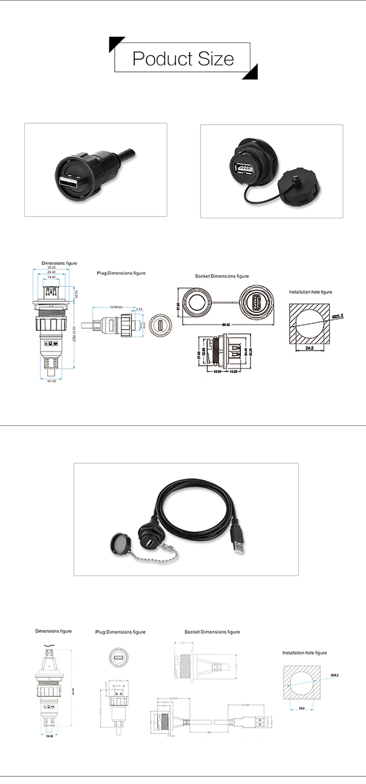 Connectors Manufacturing USB Converters USB Waterproof Panel Mount USB Waterproof Extension Cable Connector