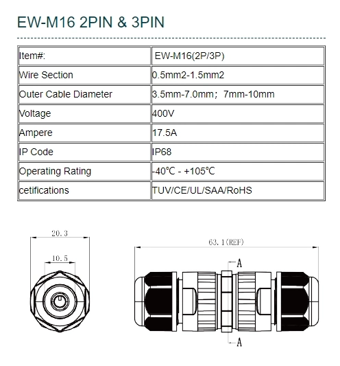 IP68 Waterproof Straight Connector Ew-M16 2pin & 3pin