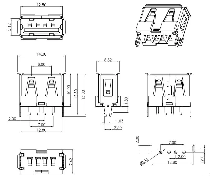 USB Connector Af USB Female Connector 180 Degree 10.0 Solder Jacks Connector PCB Mount Socket