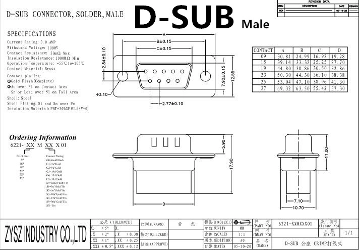 D-SUB Connector, Solder, Male Type, with 9pin/15pin/19pin/23pin/25pin/37pin