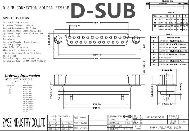 D-SUB Connector Solder, Female for 9pin/15pin/25pin/37pin Part Number 6220-Xxfxxx02