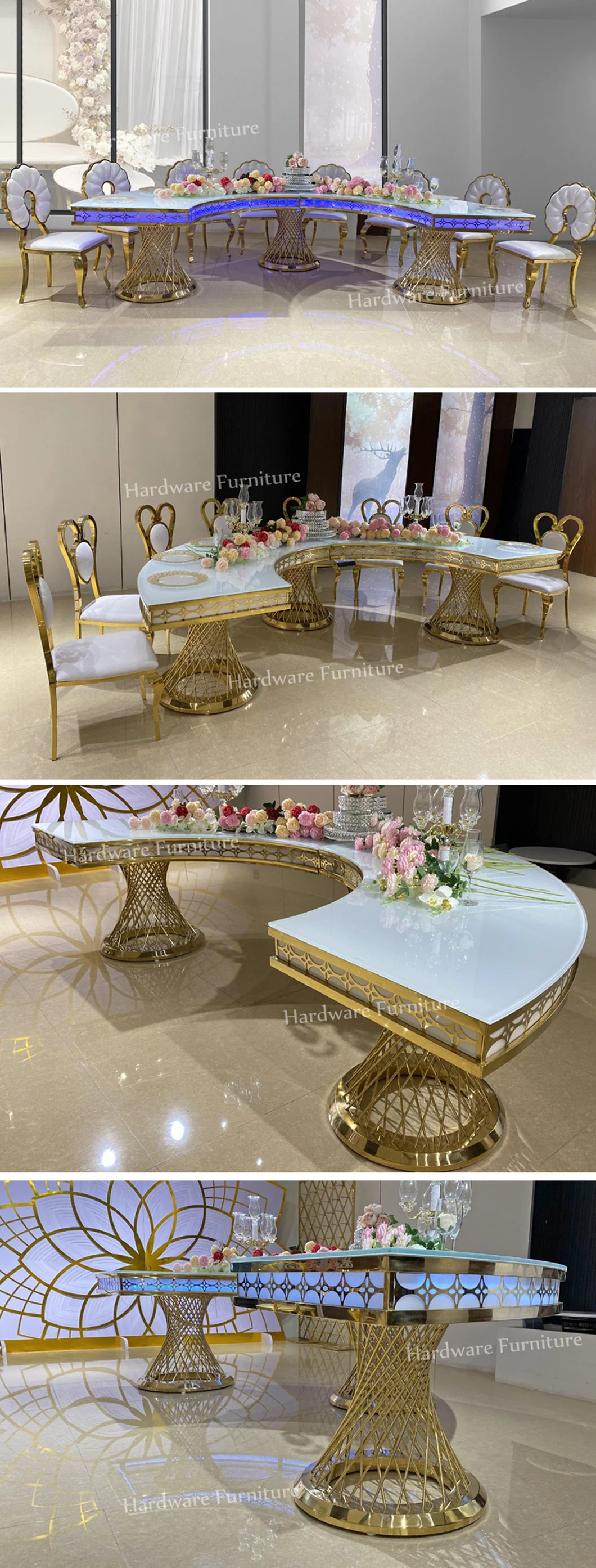 Luxury Gold Stainless Steel Base Tempered Glass Top Half Round LED Wedding Table