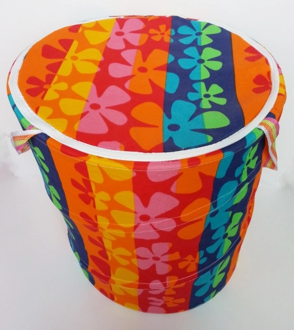 Manufacturers Direct Folding Storage Bucket Home Innovative Laundry Bag Zipper Circular Tape Printed Laundry Basket